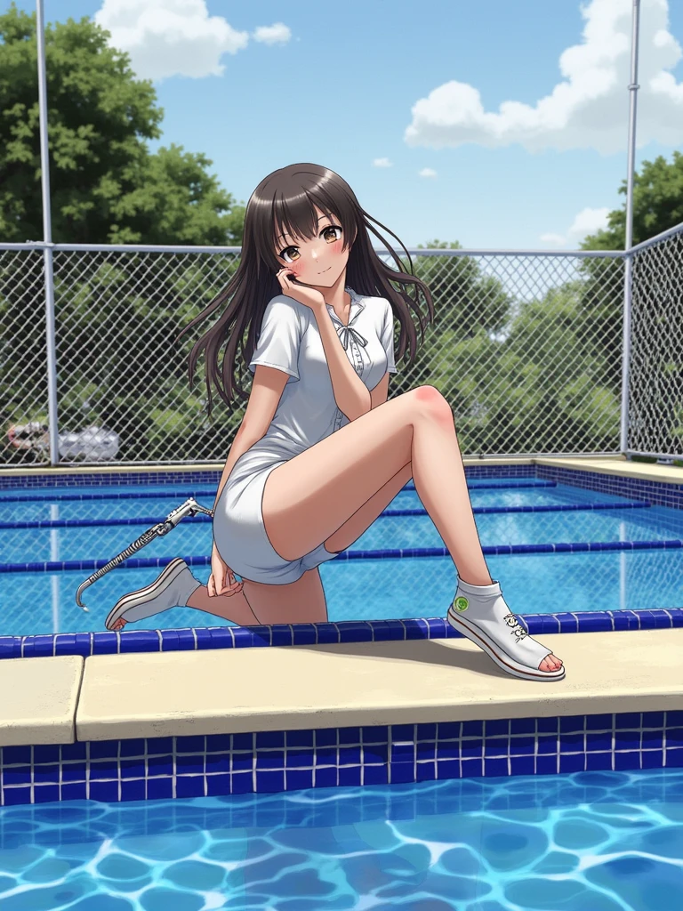 1 girl with dark brown hair similar to the outfit and pose in the photo