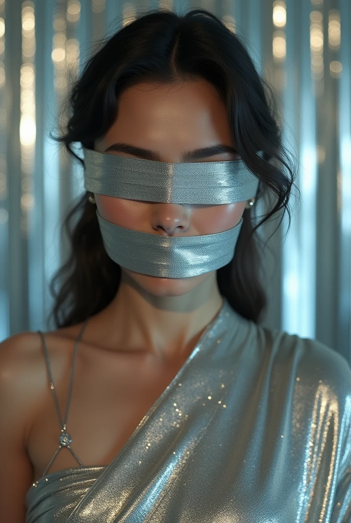 Aesthetic girl blindfolded duct tape gagged in silver sparkling shimmering saree taking selfie tape gagged