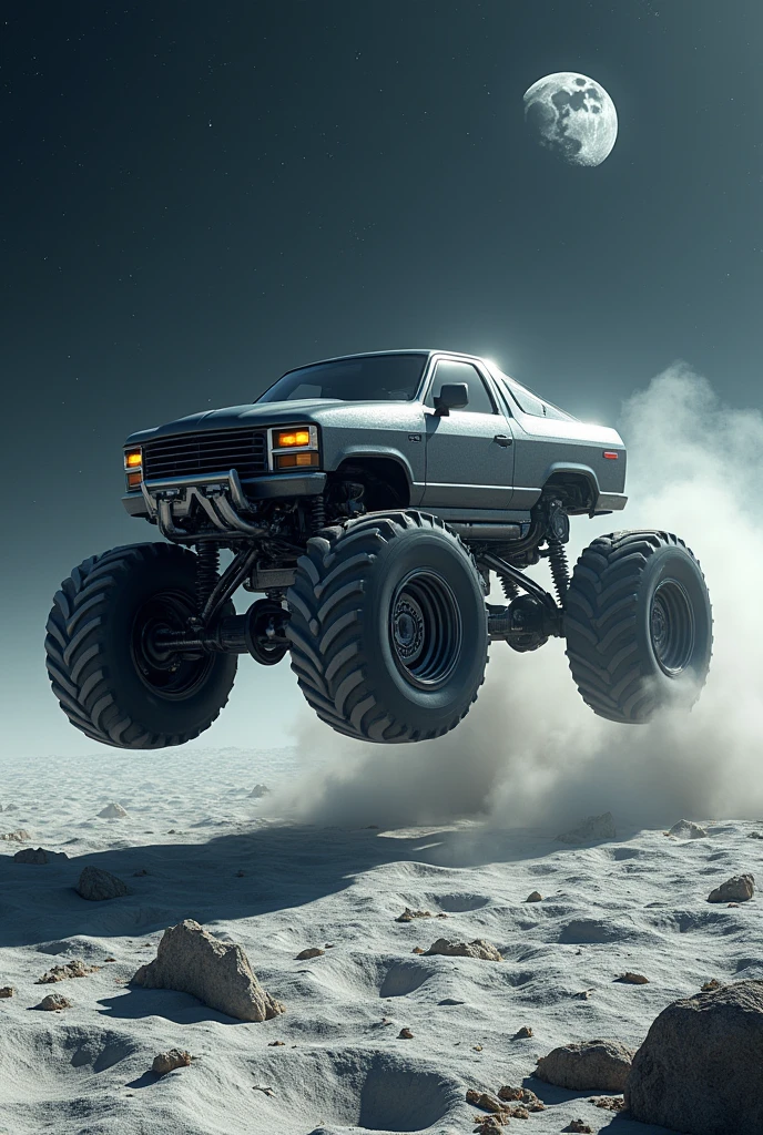 Futuristic monster truck jumping in the craters of the moon, 8k resolution, clear , 