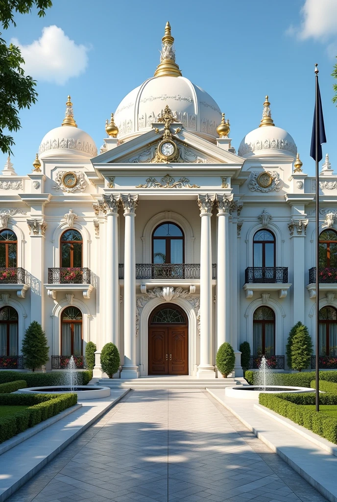 The façade of the building is made from polished white marble, gleaming under the sunlight, with intricate carvings and ornate detailing. The front of the palace features a grand central entrance, framed by towering Corinthian columns that rise several stories high. Above the entrance, an elaborate pediment showcases intricate relief sculptures depicting scenes of prosperity and leadership.
The roof is adorned with several domes and cupolas, topped with gilded spires that catch the light and add to the building's regal appearance. The windows are large and arched, with delicate stained glass inlays that depict various symbols of heritage and power. Wrought-iron balconies extend from many of the windows, each adorned with intricate scrollwork and hanging baskets overflowing with vibrant flowers.
Flag Description:
To the right of the grand entrance, positioned on a small rise near a circular driveway, stands a stately flagpole. The flag of Nexus Global Capital and Equity Holdings flies from the top, maintaining its elegant design: a deep navy blue background with a golden emblem at the center. The emblem—a globe encircled by olive branches, with the letters "NGCEH" inscribed at the bottom—stands out vividly against the backdrop of the palace. The flag is of normal size, fluttering gracefully in the breeze, perfectly proportioned to complement the scale of the building.
Compound Description:
The compound surrounding the palace is as grand as the building itself, carefully designed to enhance the overall sense of luxury and exclusivity. The entrance to the compound is marked by large wrought-iron gates, intricately designed with the Nexus Global Capital and Equity Holdings emblem in the center. The gates open to a long, sweeping driveway paved with cobblestones, leading directly to the main entrance of the palace.
The driveway is flanked by lush, manicured lawns that stretch out on either side, dotted with marble statues of historical figures and fountains that sp