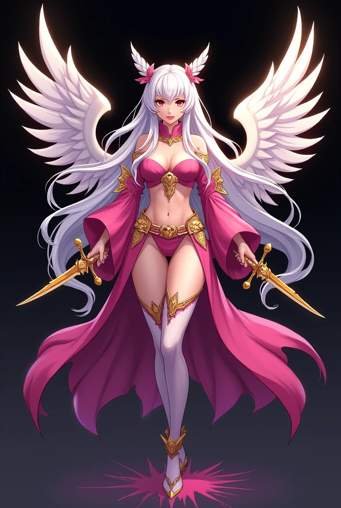 Guild logo card box with SHARP GIRLS name prominently displayed on the front,  and a cartoon drawing of a beautiful warrior woman posing holding a golden knife with both hands and with long white wings and long white hair and pink clothes on a black background showing the whole image
