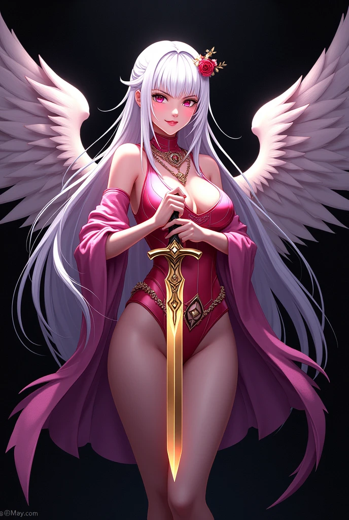 Guild logo card box with SHARP GIRLS name prominently displayed on the front, and a cartoon drawing of a beautiful warrior woman posing holding a golden knife with both hands and with long white wings and long white hair and pink clothes on a black background showing the whole image