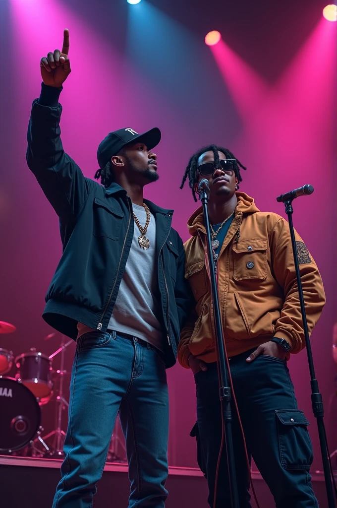 Cj on a stage with a microphone, his right hand raised and next to him his brother Sweet 