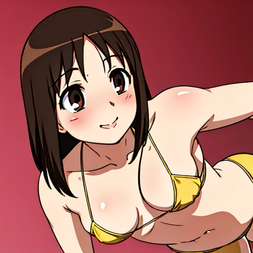 ayumu kasuga, Brown Hair, Brown eyes, smile, Open your mouth, Very detailed,high quality,Ahegao,blush,Expose,Small breasts,Gold Micro Bikini,((Lesbian Sex,))Lower Body,Spread your legs wide,(((Browsing Caution,sexy,)))