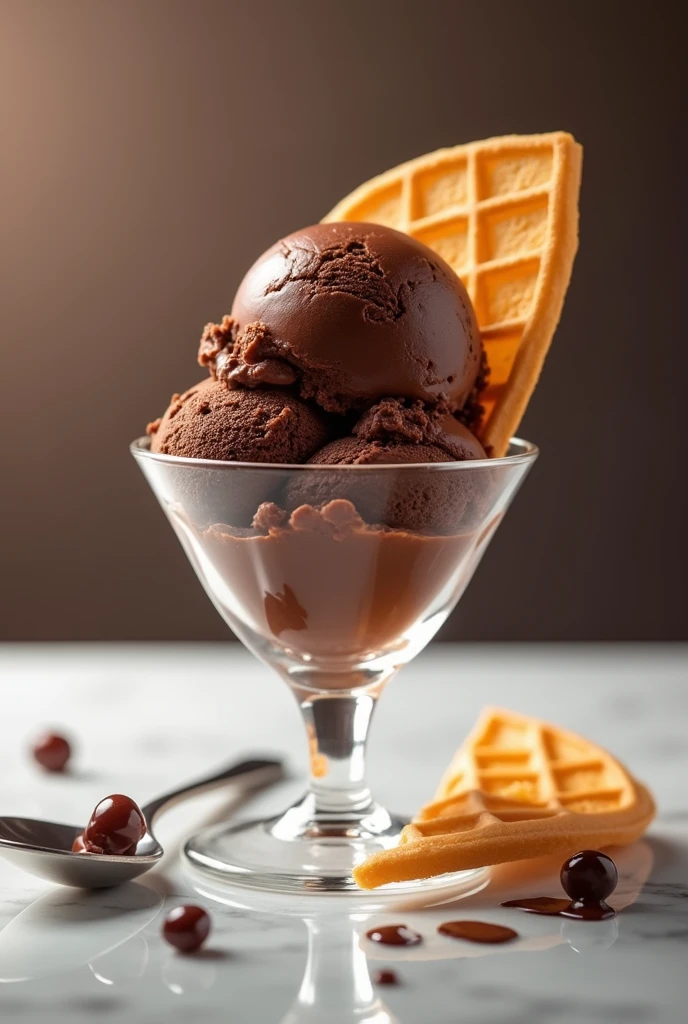 A delicious chocolate icecream, served in a fine glass cup with a silver plated teaspoon and a wafle. Ultra hight definition, studio illumination and maximum detailed