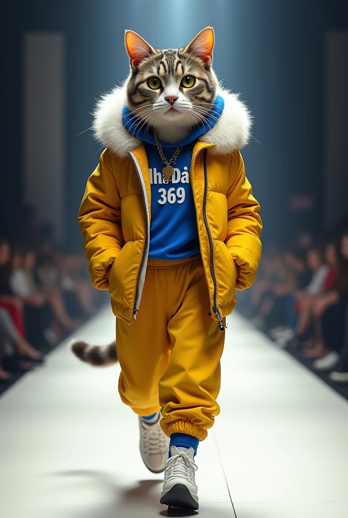 Ảnh toàn thân của chú mèo, mặc trang phục màu vàng phối trắng và xanh dương, cô ấy đang catwalk trong trang phục phong cách trẻ trung, quyến rũ, trên trang phục có dòng chữ Nhà Đất 369
