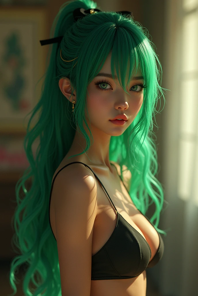 (Very detailed CG unity 8K wallpaper),best qualtiy,cinmatic lighting,detailed back ground,((best quality)), ((masterpiece)), (detailed), NSFW, small breasts, prominent collarbones, skinny arms, flat and toned stomach, visible hip bones, full body, long hair, green hair, Realistic Shadows, Detailed skin, Very small breasts, Hair Ribbon, Very detailed, highly detailed face, Perfect face shape, Perfect lips, Perfect nose, Correct beautiful eyes, Watching Viewer, Best Quality, Single korean Girl, wearing mini skirt,showing skin,show face,deep cleavage,thin waist,slim silhouette,thin thighs,very beautiful face,photorealistic,ultra quality,close.