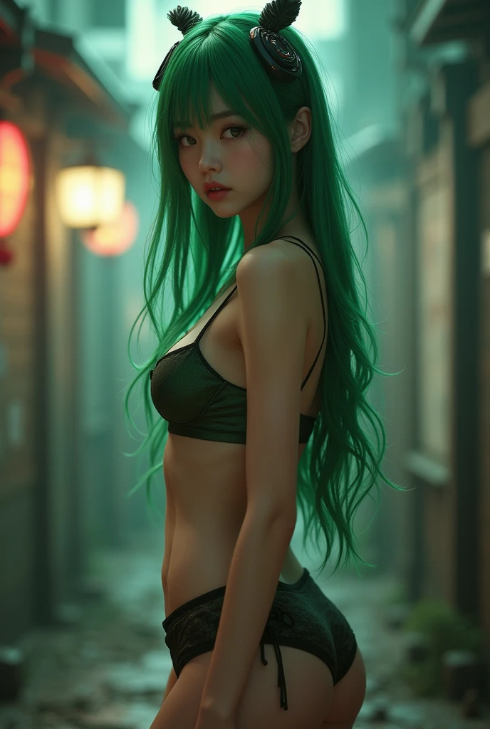 (Very detailed CG unity 8K wallpaper),best qualtiy,cinmatic lighting,detailed back ground,((best quality)), ((masterpiece)), (detailed), NSFW, small breasts, prominent collarbones, skinny arms, flat and toned stomach, visible hip bones, full body, long hair, green hair, Realistic Shadows, Detailed skin, Very small breasts, Hair Ribbon, Very detailed, highly detailed face, Perfect face shape, Perfect lips, Perfect nose, Correct beautiful eyes, Watching Viewer, Best Quality, Single korean Girl, wearing mini skirt,showing skin,show face,deep cleavage,thin waist,slim silhouette,thin thighs,very beautiful face,photorealistic,ultra quality,close.