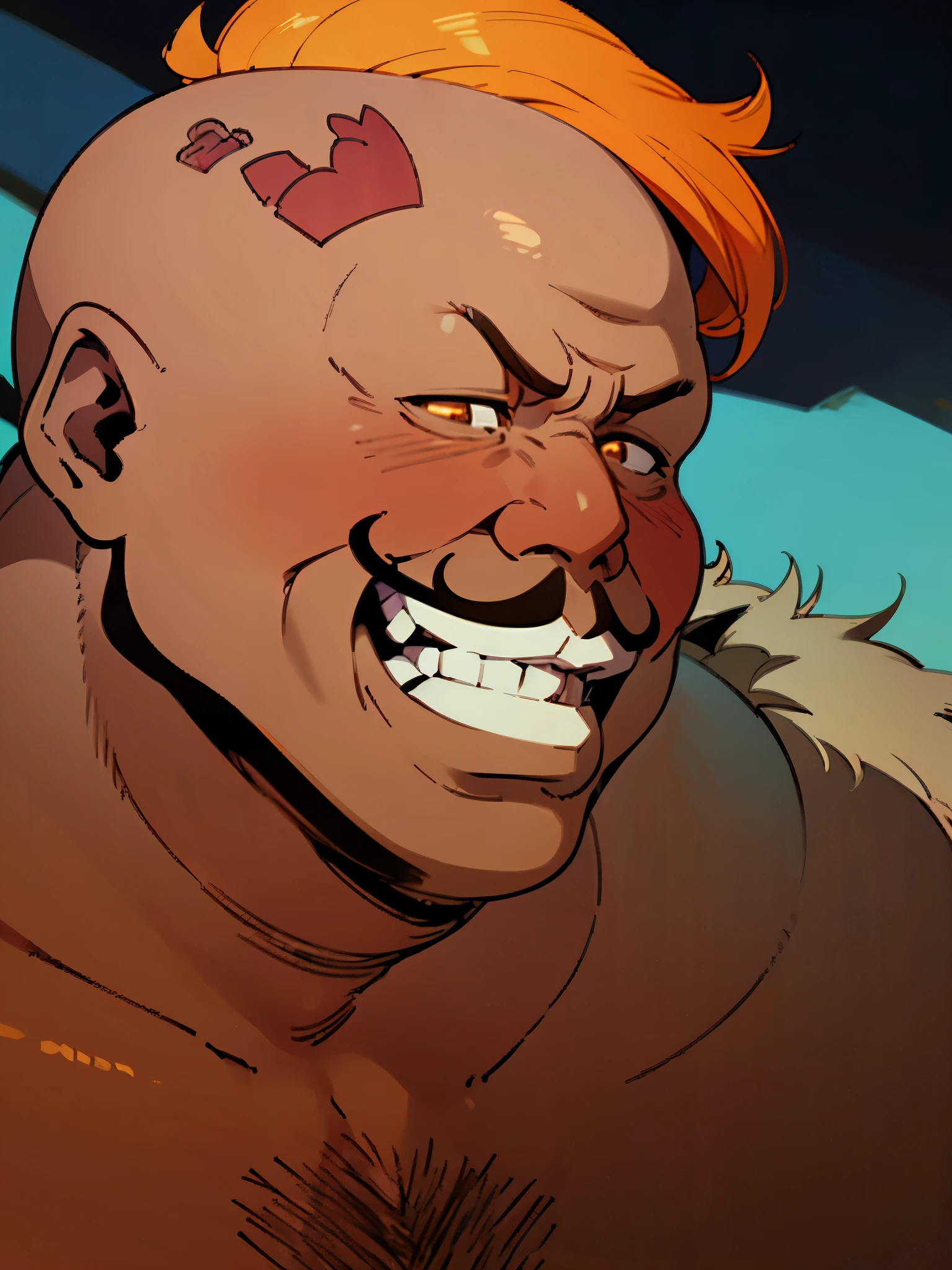 high quality, digital art, Corneo, horny, ugly, close up of face, only face visible, head turned to the side, looking to the side, fat man, lascivious grin, teeth, orange hair, dark skin, , proper anatomy,