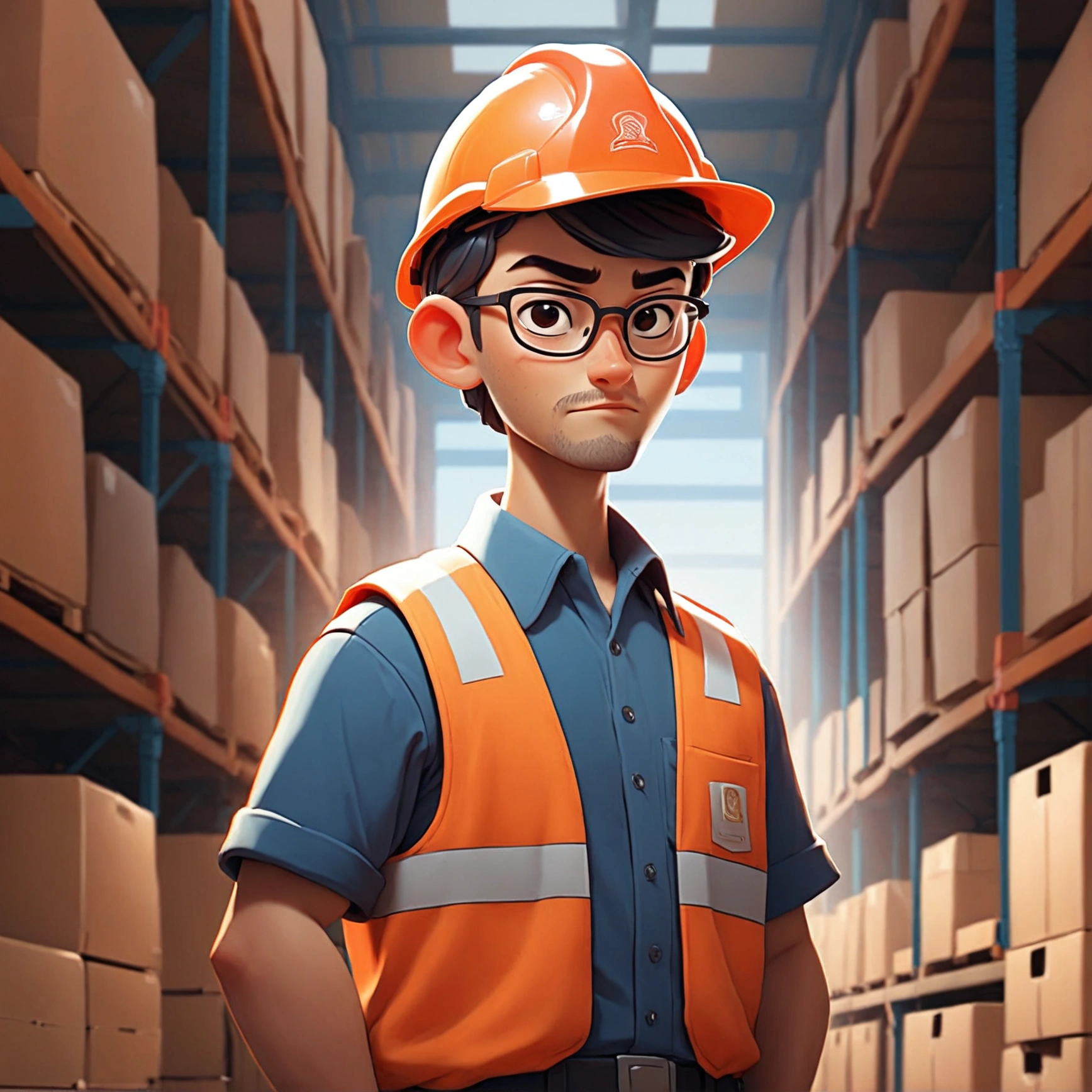 animated cartoon, full body standing worker, 40 years old with white shirt and blue pants, with orange vest and helmet, scruffy beard, looking at camera