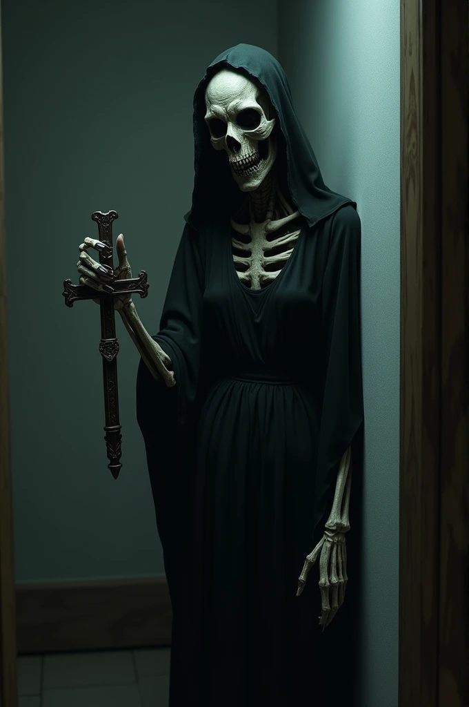 Woman with scary face and skeletal body in the corner of a dark room with a crucifix in her hand