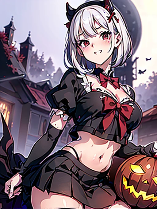 2 girls, kissing, Schwarzes Kleid, Spaltung,upper body, Wimpern,White hair,Devil Horns, Blick auf den Betrachter, Rote Augen, nur,shinny skin,seios enormes,Halloween,skulls,Blut,Blut im Gesicht,Entsetzen \(Thema\),blasse Haut,evil grin,black lips ,covered in blood,Halloween, Pumpkin, Witch, huge , big ass, thick