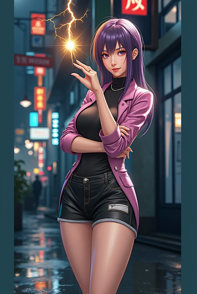 (at night), alone, in a video game scene a background of a beautiful city during the day raining, Standing at attention, purple hair, Lightning behind her, A lightning bolt coming out of his hand ((purple hair)), 1 girl, alone, 20 years, young woman, perfect hands, beautiful and perfect fingers, long beautiful legs, perfect legs, beautiful body, beautiful nose, beautiful character design, perfect face, He looks at the spectator with a serious expression and in a standing position he attacks. (focusing on his face), Closed mouth, light_smile, official art, Extremely detailed CG unity 8k wallpaper, perfect lighting, iluminación frontal brillante y Colorida, shiny skin (masterpiece: 1.0), (better_quality: 1.0), ultra high resolution, 4k, ultra detailed photography, 8k, HdR, High resolution, Disparates: 1.2, Kodak photo 400, film grain, blurred background, bokeh: 1.2, Lens flare, (Vibrant_Color:1.2), Professional photography, (beautiful_face : 1.5), (narrow waist),
