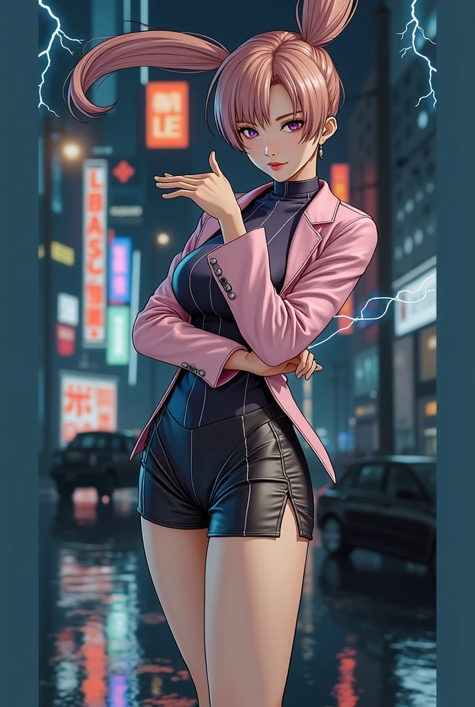 (at night), alone, in a video game scene a background of a beautiful city during the day raining, Standing at attention, purple hair, Lightning behind her, A lightning bolt coming out of his hand ((purple hair)), 1 girl, alone, 20 years, young woman, perfect hands, beautiful and perfect fingers, long beautiful legs, perfect legs, beautiful body, beautiful nose, beautiful character design, perfect face, He looks at the spectator with a serious expression and in a standing position he attacks. (focusing on his face), Closed mouth, light_smile, official art, Extremely detailed CG unity 8k wallpaper, perfect lighting, iluminación frontal brillante y Colorida, shiny skin (masterpiece: 1.0), (better_quality: 1.0), ultra high resolution, 4k, ultra detailed photography, 8k, HdR, High resolution, Disparates: 1.2, Kodak photo 400, film grain, blurred background, bokeh: 1.2, Lens flare, (Vibrant_Color:1.2), Professional photography, (beautiful_face : 1.5), (narrow waist),
