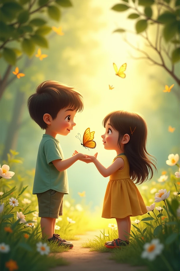 A boy gaving a batterfly to a girl