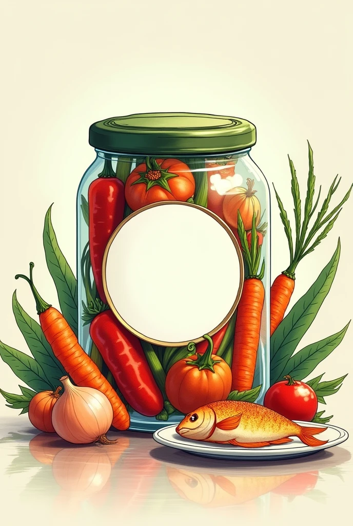 A circular frame inside a jar with chili illustrations,onion,carrot,with bright colors and space in the center and a fried fish on a plate to one side.