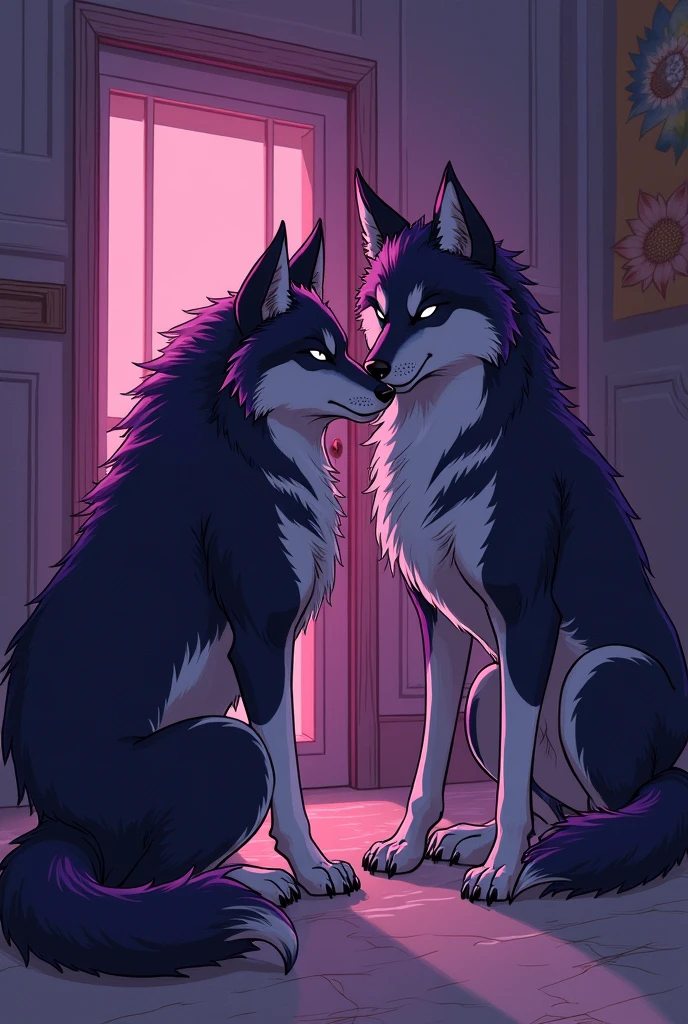 A pair of 30-year-old male anthropomorphic himbo wolves, both with a distinctive dark purple and white fur pattern that highlights their fluffy and muscular forms. The wolves are depicted with a massy male quiff hairstyle, one at 1.4 intensity and the other at 1.9, each with a beard and goatee at 1.5 intensity, giving them a rugged yet suave appearance. Their fluffy necks are particularly noticeable at 1.4 intensity, and their big, fluffy tails are equally eye-catching at 1.7. The first wolf has a cute set of claws at 1.4 intensity, while the second wolf showcases adorable paws at the same level. Both wolves are accessorized with a nose piercing at 1.5 and a nipple piercing at 1.5, adding a touch of edginess to their looks. The focal point of the image is the second wolf's pierced and average-sized penis, which is the subject of a 1.9 intensity penis focus, showcasing a detailed cock piercing and a veiny, knotted shaft at 1.5 intensity. The wolves are engaged in a steamy scene, with the first wolf on all fours, presenting his plump, saggy white balls with a purple tuft at 1.35, which are at the center of attention due to the 1.5 intensity. A thick, 1.35 intensity sheath is partially visible, hinting at what lies beneath. The second wolf is eagerly approaching a glory hole, his face a picture of naughty excitement at 1.6, as he eagerly awaits the anonymous encounter. The room is dimly lit, with the action highlighted by a soft, erotic glow, and the walls are adorned with the distinctive thick, sketchy line art of artists like Zackary911, YouWannaSlap, ClawedDrip, and Jinxit, each contributing their signature style to the scene. The wolves are rendered in a full body view at 1.9 intensity, allowing viewers to appreciate their powerful physiques and the intimate moment they are about to share, whether it involves oral penetration at 1.4 or the promise of more intense anal penetration at 1.4. The atmosphere is one of anticipation and desire, as the second wolf's panting
