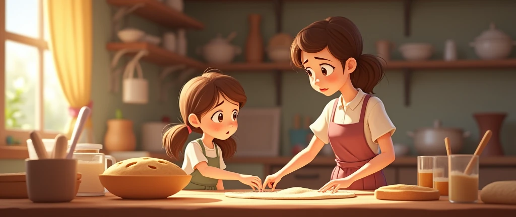 The same girl bake bread with her mother and she pulled a little of bit of salt  and her mom had a worry face in 2d animation