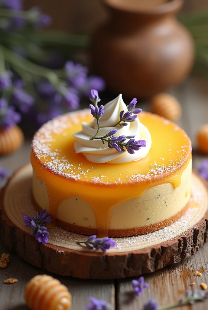 {Almond Honey Cake with Lavender Cream} -- A beautifully delicate almond cake infused with the subtle sweetness of honey, topped with a smooth lavender cream. The cake is adorned with a drizzle of honey and sprinkled with fresh lavender buds, adding both elegance and flavor. The cake is set on a rustic wooden board, surrounded by sprigs of lavender and a few honeycomb pieces, with a warm, soft light illuminating the scene, creating a serene and inviting atmosphere. -- {photorealistic}, {high-resolution}, {warm and soft tones}, {luxurious cake photography}, {natural light}, {Instagram aesthetic}, {elegant simplicity}, {gourmet dessert experience}, {almond honey delight}