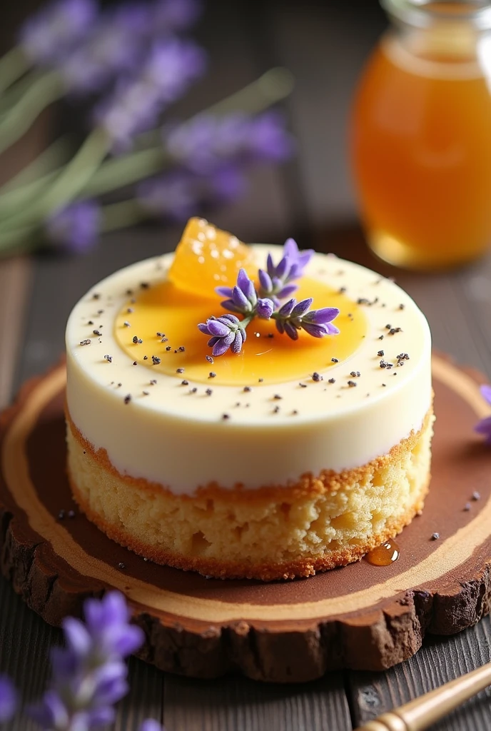 {Almond Honey Cake with Lavender Cream} -- A beautifully delicate almond cake infused with the subtle sweetness of honey, topped with a smooth lavender cream. The cake is adorned with a drizzle of honey and sprinkled with fresh lavender buds, adding both elegance and flavor. The cake is set on a rustic wooden board, surrounded by sprigs of lavender and a few honeycomb pieces, with a warm, soft light illuminating the scene, creating a serene and inviting atmosphere. -- {photorealistic}, {high-resolution}, {warm and soft tones}, {luxurious cake photography}, {natural light}, {Instagram aesthetic}, {elegant simplicity}, {gourmet dessert experience}, {almond honey delight}