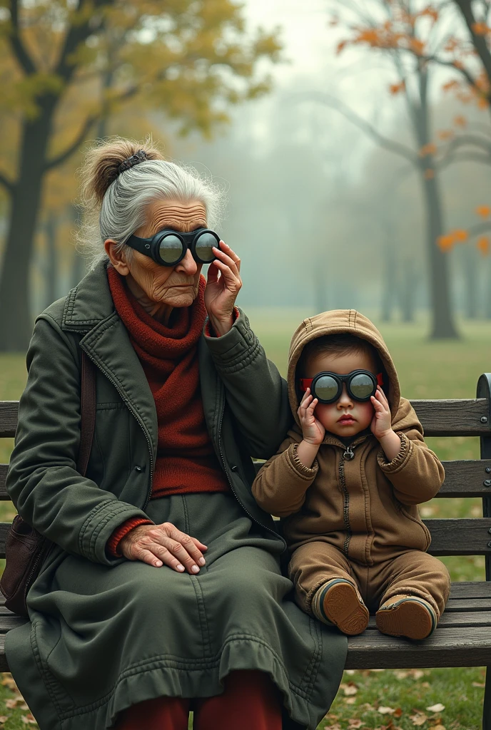 Generate an image showing old lady and  seat on banch and they both are clearing they goggles lens and from old ladys goggles she see the world with greenary and from little childld with no tree