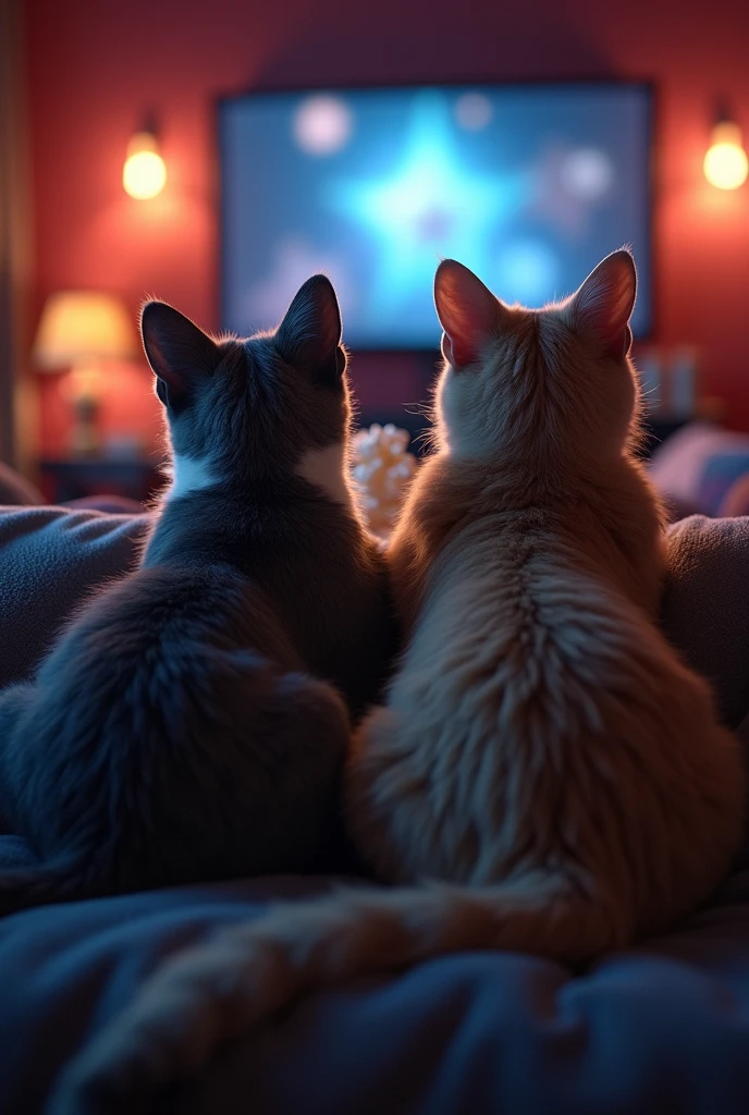 image of two different cats sitting on the couch looking directly at a tv, popcorn bucket, movie theater lighting, looking at screen, movie playing, eating popcorn, amazement and surprise, 4k photo, photographic style