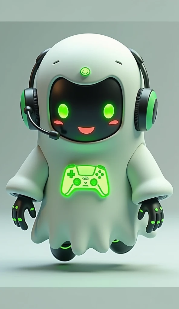 Create a medium-sized robot pet with a ghost-like appearance. With slightly rounded shapes resembling a drop. Create a medium-sized robot pet with a ghost-like appearance. With slightly rounded shapes resembling a drop. On your hands you have well defined fingers. His facial expression has large, green eyes with a glow, conveying a friendly and cheerful expression. He has a small open mouth with a happy smile and flushed cheeks.. Its body is white with small green details and a smooth, slightly shiny texture.. On his forehead is written the word "Soulgamer".He has a headset on his head with an adjustable microphone positioned close to his mouth.. And on his chest you can see the illuminated shape of a Playstation 5 controller in fluorescent green.. It floats in the air, as if he were ready for an adventure. 