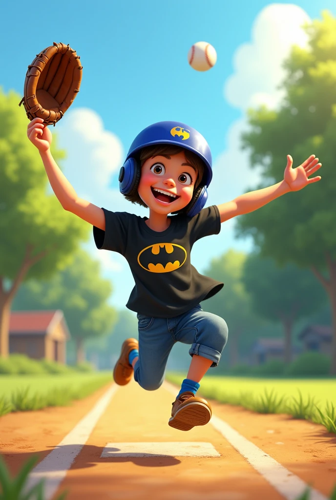 Pixar style image of a boy playing with a baseball glove. tall, light-skinned boy, , the boy throws a ball up, the boy is running, the boy is smiling, The boy has a black shirt with the Batman logo on it., the boy has a blue helmet.