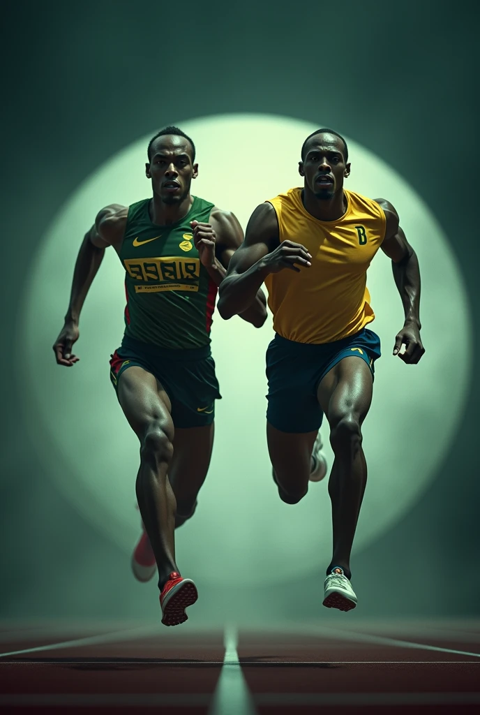 I need a sports image like dark green background and blur white in centre and inside that usain bolt and mike Powell