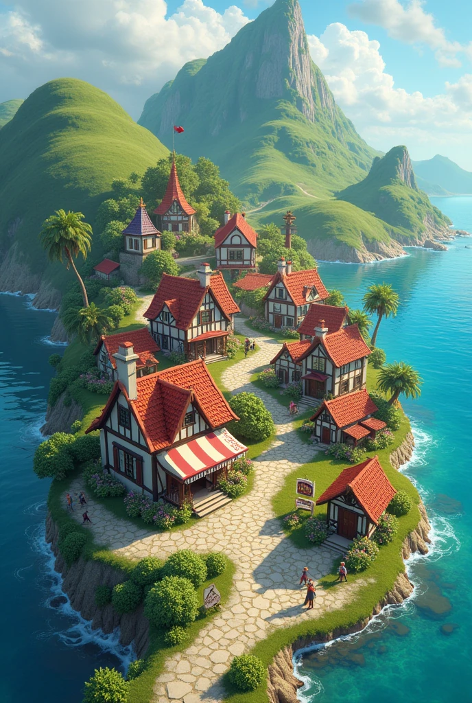 Small town on a beautiful island. 2d illustration. fantasy style.