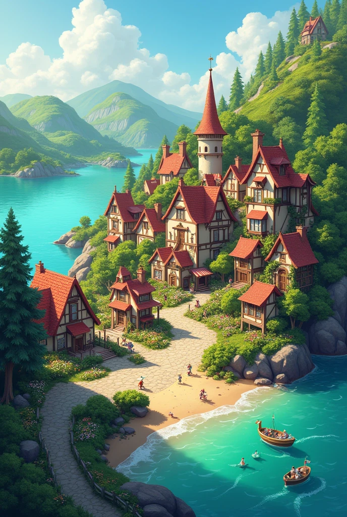 Small town on a beautiful island. 2d illustration. fantasy style.