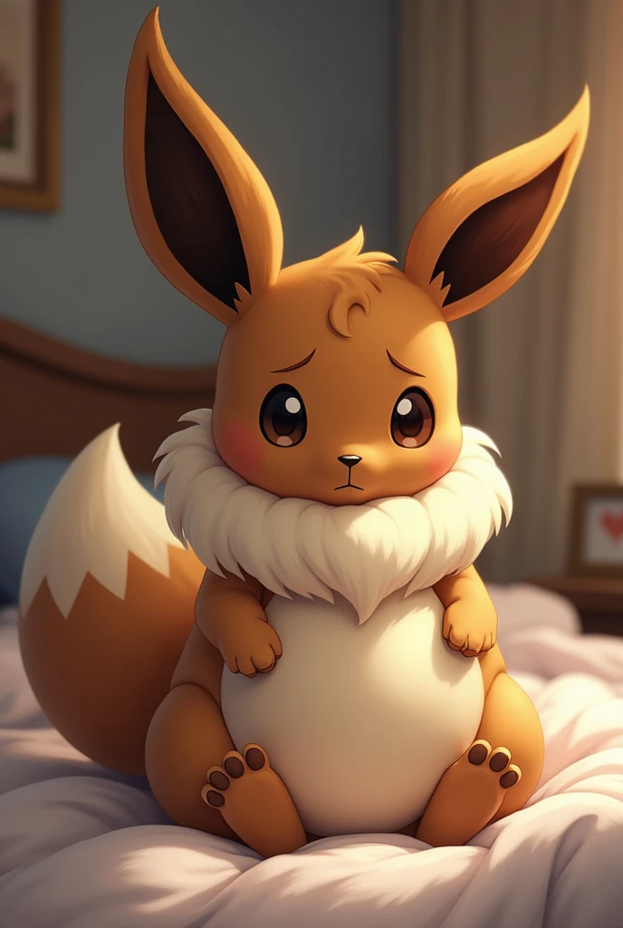A pregnant eevee with a VERY BIG belly with her babies kicking hard, worrying the Eevee sitting on the bed