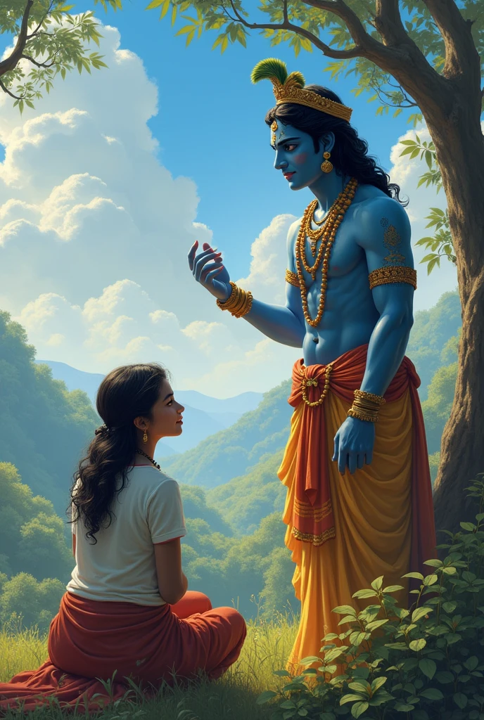 Lard Krishna explain Geetha to a girl 1 wearing t shirt and she is name Revathi sitting in front of Lard Sri Krishna
