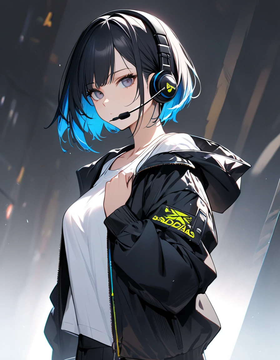 1girl, best quality, beautiful, short hair, 8K, expressionless, baddas pose, jacket, white tanktop inside, earrings, headset, perfect, concept, full color