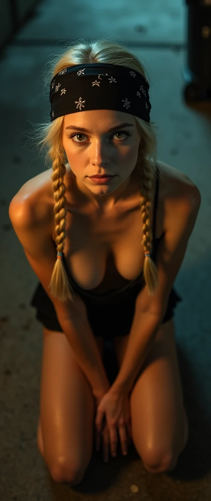 best qualityer, ultra detaild, bright coloured, foreshortening, Depth of field, from above view, looking straight at me, a young teenager, comely, blond, 2 braids, black bandana in hair, eyes browns, large and firm breasts, completely naked, sitting on your knees, the bottom is a dark alley, garbage bin, ultra low light, noite
backlighting, film grain, clair obscur, depth of field, cinematic lighting, 16K, super detail, uhd, textured skin, award winning