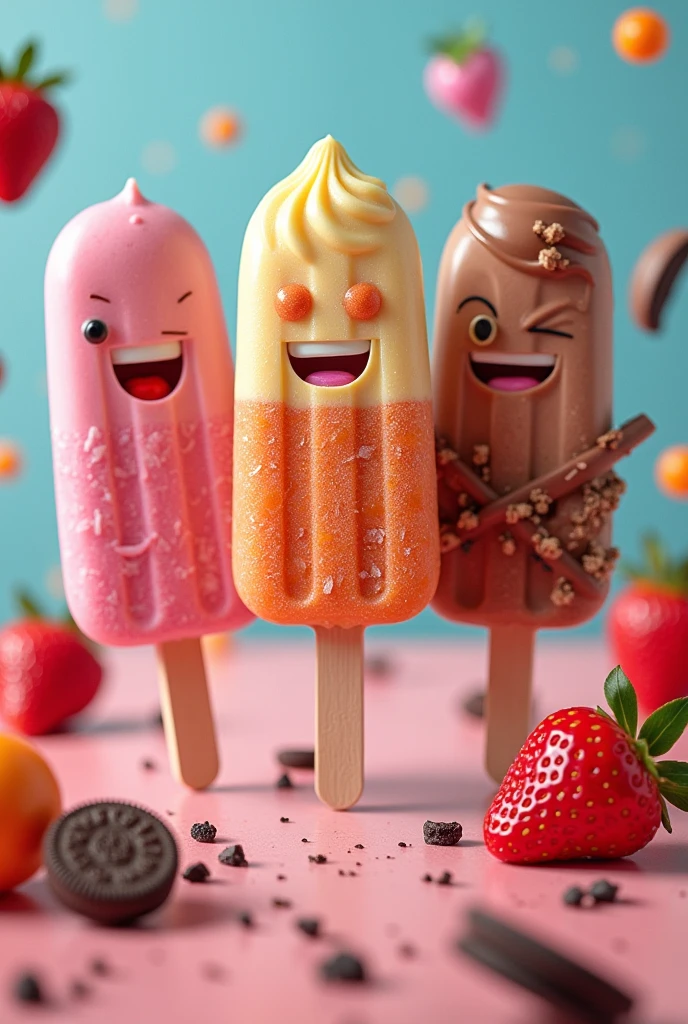 Banner of bodoues(ice pops or little martians) gourmet strawberry milk flavors, lucuma con leche, chocovainilla, chocolate coconut, chocolate commentary, rum with raisins, oreo, cocktails, 