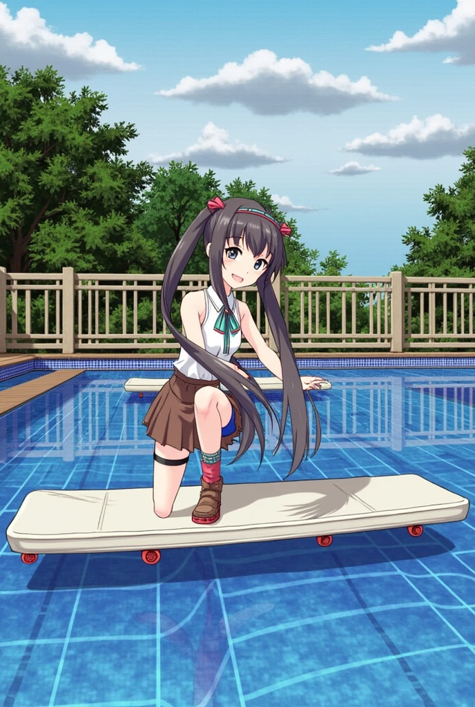 1 girl with dark brown hair similar to the outfit and pose in the photo