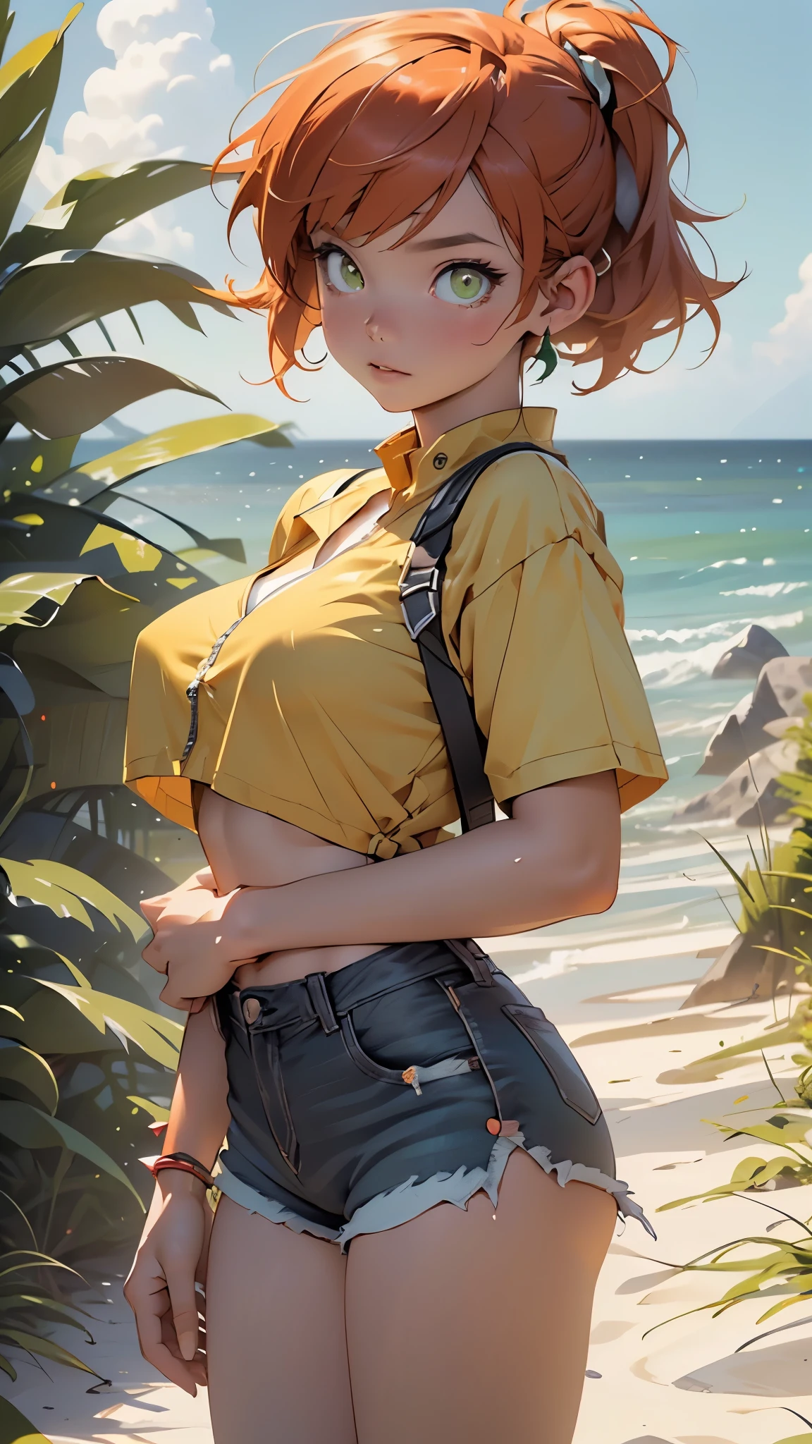 (((Misty))),misty_(pokemon),misty (pokemon),misty \(pokemon\),,character_pokemon_misty,1girl,
(large breasts:1.4),(((short hair, side ponytail,orange hair,orange_hair, spiked hair,))),(((green_eyes:1.3))),intricate eyes,beautiful detailed eyes,symmetrical eyes,big eyes:1.5,((((lustrous skin:1.5,tanned skin,bright skin: 1.5,skin tanned,shiny skin,very shiny skin,shiny body,Reflective skin)))),(spider lower abdomen,narrow waist,slim waist, wide hip,athletic body,inflated legs,thick thighs,delicate detailed fingers,(detailed face)),beautiful detailed lips,
cute,slutty,sensual,seductive look,seductive,((erotic)),opulent,sumptuous,((nsfw)),wet, ,
(yellow shirt, shirt,crop top,yellow crop top,yellow_sleeveless_cropped_shirt), (tiny denim shorts,shorts,short shorts,denim, denim shorts,cheeky shorts), (((unzipped, open fly))),
(navel, midriff,belly), (suspenders,red suspenders), (wardrobe malfunction),
(shy pose:1.3),looking at viewer,embarrassed,shy,centered,scale to fit dimensions,Rule of thirds,
outdoors, ocean, (ocean in the background),((Sky, Sea, clouds,)), with dark stormy clouds,((beach scenery,intricate scenery)), scenery, extremely scenery, clouds, palm trees, reeds, (sunset, golden hour),
(Glossy pokemon ornaments),highres,sharp focus,(ultra detailed,extremely detailed),(photorealistic artwork:1.37),(extremely detailed CG unity 8k wallpaper),(((vibrant colors,vibrant theme))),(intricate),(masterpiece),(best quality),artistic photography,(photography taken by sldr),(intricate background),perfect rendered face,perfect face details,realistic face,photo realistic,((intricate detail)),(((realism))),