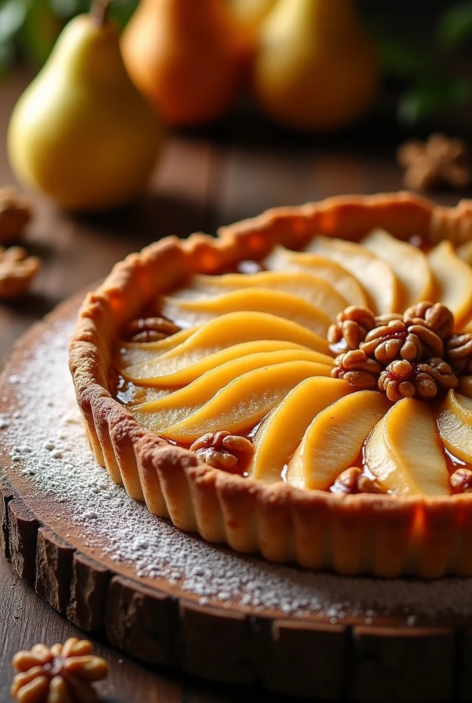 {Caramelized Pear and Walnut Tart} -- A decadent tart featuring thinly sliced caramelized pears layered over a buttery crust, topped with toasted walnuts and a drizzle of golden caramel. The tart is set on a rustic wooden board, with a light dusting of powdered sugar and surrounded by fresh pear slices and walnut halves. The warm, golden light enhances the rich caramel tones, creating a cozy and inviting atmosphere perfect for savoring life’s sweet moments. -- {photorealistic}, {high-resolution}, {warm and rich tones}, {luxurious tart photography}, {natural light}, {Instagram aesthetic}, {rich autumn flavors}, {gourmet dessert experience}, {caramelized pear delight}