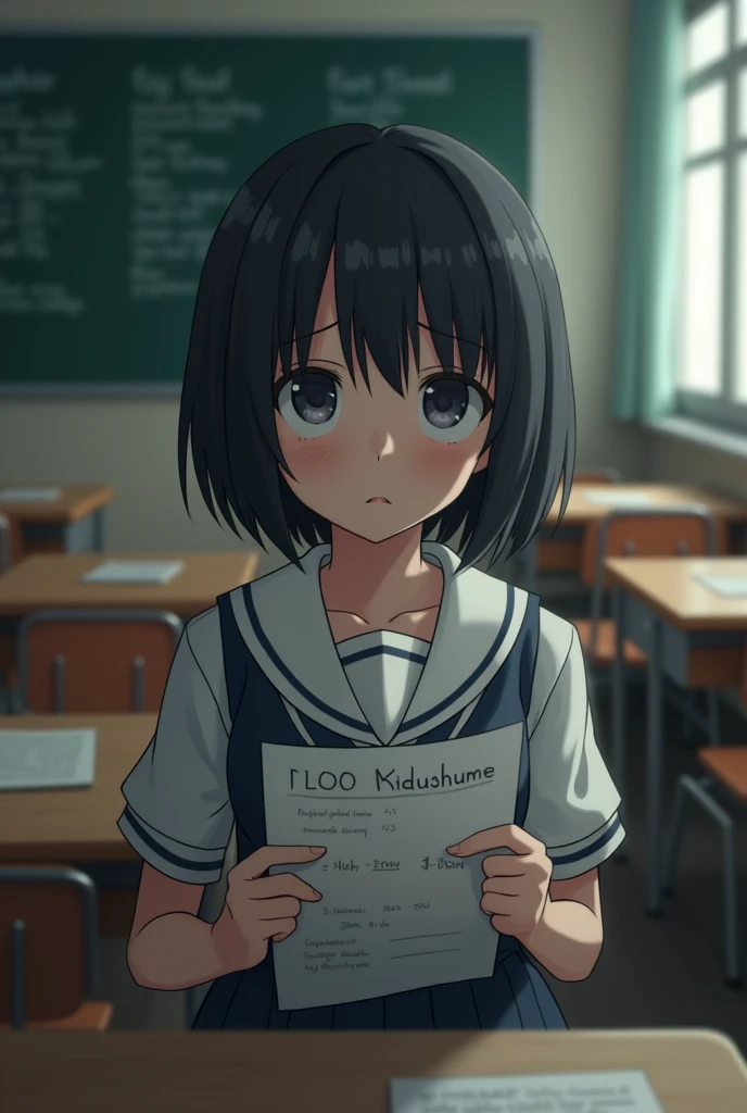 Sad black short hair girl in school uniform and low grades in her hand in the background of a classroom