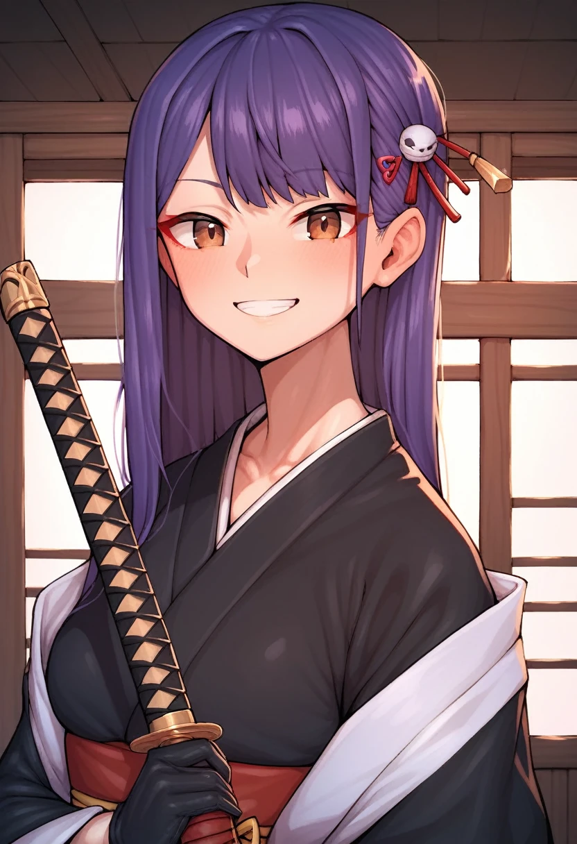 score_9, score_8_up, score_7_up, score_6_up, score_5_up, score_4_up, source_anime, 1girl,raidenshogundef, worth, upper body, purple hair, smile, long hair, hairpins, leather gloves, brown eyes, kimono, sandals, red belt, Katana, room, best quality, best res, 4K UHD,