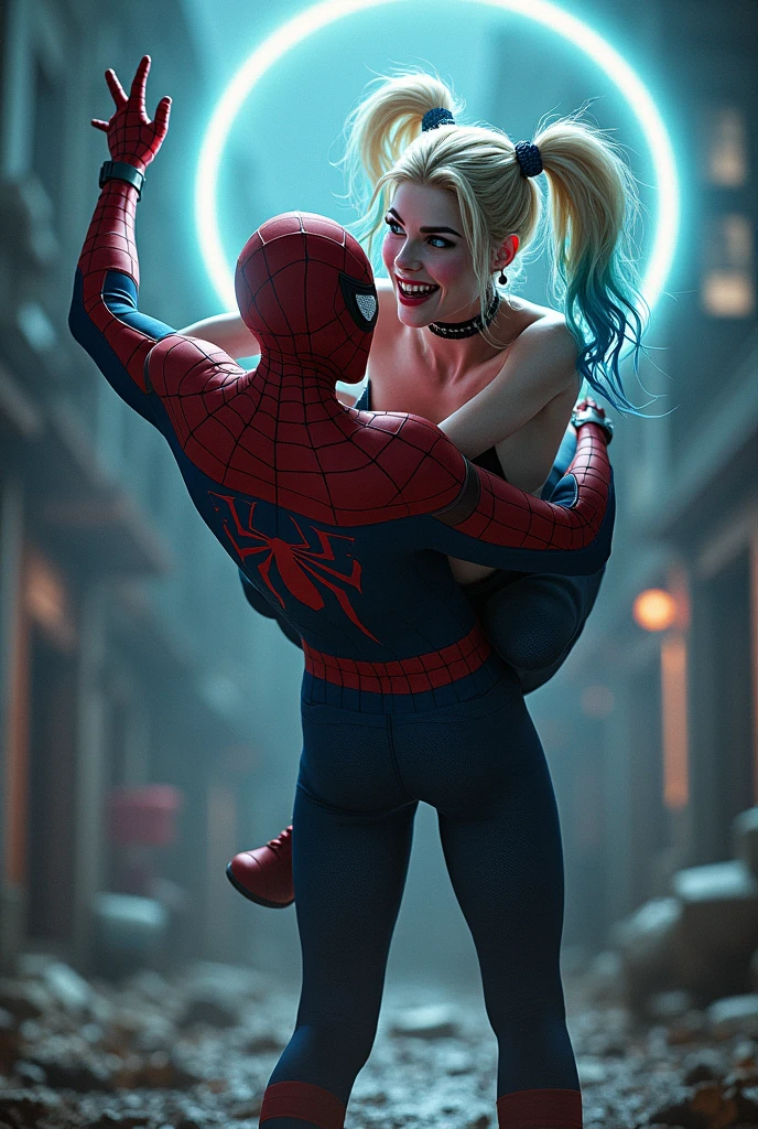 struggle, Harley Quinn Girl, lifts spiderman with his hands. Holds Spider-Man in his arms, ring of the ring, view from the back