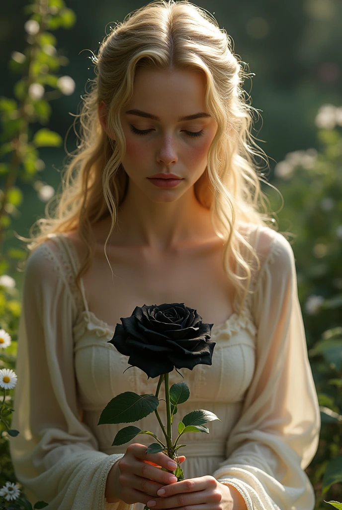 A young blonde with golden hair, she is 20 years old, rosto angelical, dressed in Sansa Stark style. She is in a garden and looking at a beautiful black rose in a small vase..

