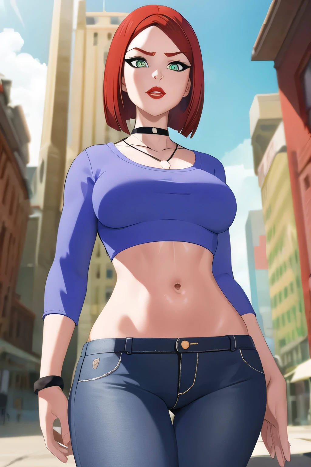 straight-on,pose,looking at viewer,solo, BREAK,
CARTOON_merry_jane_watson_SMTAS_ownwaifu, www.ownwaifu.com, 3d, 
red hair, short hair, green eyes, breasts, makeup, lipstick, red lips, bob cut, lips, choker, jewelry, necklace, black choker, blue shirt, crop top, long sleeves, black_pants, jeans, denim, wristband, super fine illustration, vibrant colors, masterpiece, sharp focus, best quality, depth of field, cinematic lighting, ultra detailed, belly, belly button, bellybutton, navel, tummy, wide hips, angry, chestnut mouth, parted lips