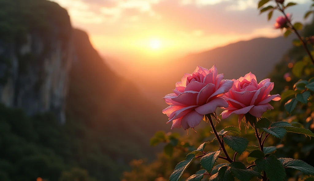Intricate details, detailed, realism,The first rays of sunlight in the morning,Dew drops on rose flowers on the cliff,(sunrise,Lens Flare),Nice photos,HD Wallpapers,Natural light, dramatic, Source reality,