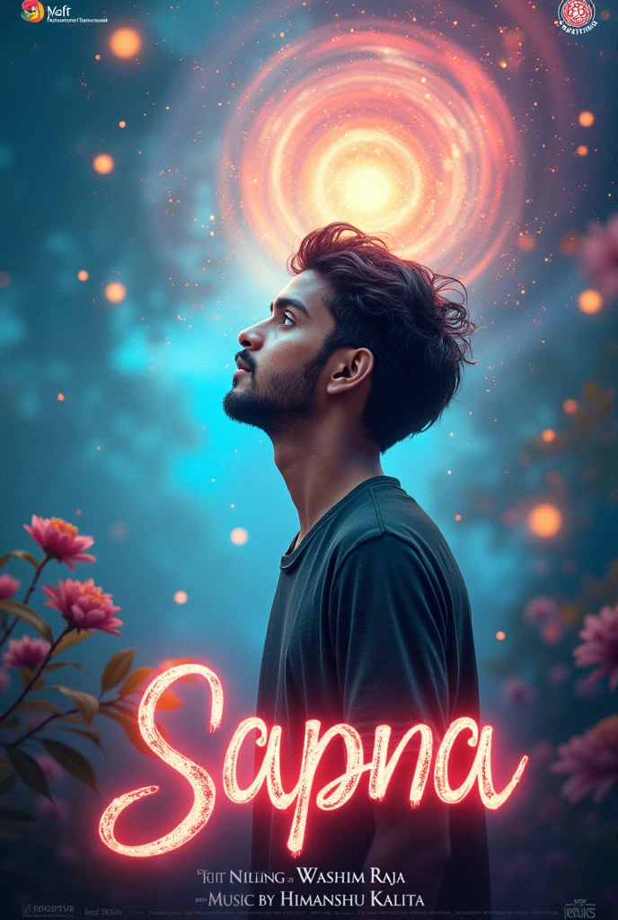 Make a poster for the song sapna and add the name of the song sapna and written by Washim Raja write this also and write that music by Himanshu kalita make the poster like a boy is seeing his dream