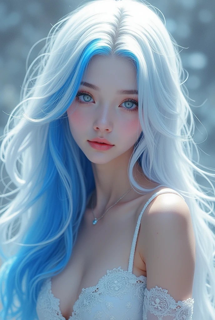 A beautiful woman, her hair white, it shone with a luster and gleam of life, at the side of her forehead there wer e two strips of blue hair , constructing with the rest of her white hair, her eyes were snowy-white, and her soft gaze, wearing a luxurious dresss