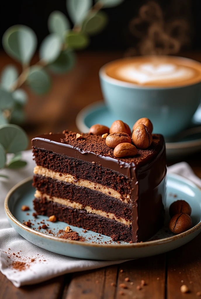 {Chocolate Hazelnut Dream Cake with Cappuccino} -- A sumptuous, four-layer chocolate cake enriched with smooth hazelnut cream between each moist layer, creating a harmonious blend of deep, nutty flavors. The cake is enveloped in a glossy dark chocolate ganache, with a generous scattering of toasted hazelnuts and delicate chocolate curls adorning the top, adding texture and elegance. Beside the cake sits a steaming cup of frothy cappuccino, topped with a heart-shaped cocoa dusting, perfectly complementing the richness of the cake. The duo is presented on a rustic wooden table, accompanied by a simple linen napkin and a fresh sprig of eucalyptus, bathed in warm, ambient light that enhances the rich tones and creates a cozy, inviting scene ideal for savoring and sharing. -- {photorealistic}, {high-resolution}, {warm and indulgent tones}, {luxurious food and beverage photography}, {natural light}, {Instagram aesthetic}, {comfort and elegance}, {gourmet dessert and coffee experience}, {inviting and heartwarming atmosphere}