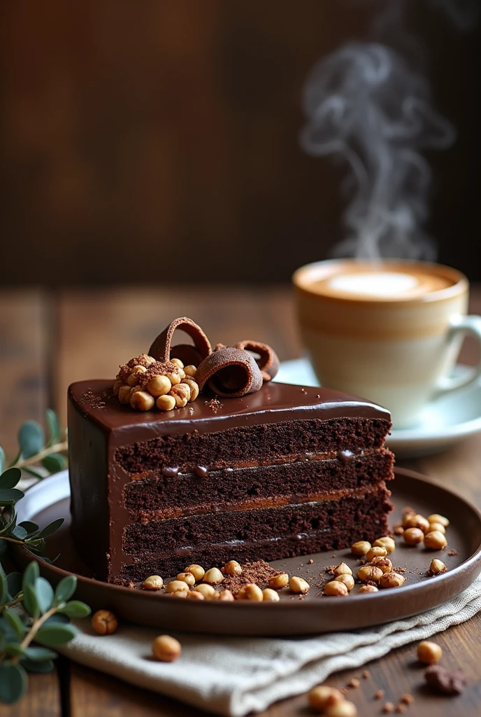 {Chocolate Hazelnut Dream Cake with Cappuccino} -- A sumptuous, four-layer chocolate cake enriched with smooth hazelnut cream between each moist layer, creating a harmonious blend of deep, nutty flavors. The cake is enveloped in a glossy dark chocolate ganache, with a generous scattering of toasted hazelnuts and delicate chocolate curls adorning the top, adding texture and elegance. Beside the cake sits a steaming cup of frothy cappuccino, topped with a heart-shaped cocoa dusting, perfectly complementing the richness of the cake. The duo is presented on a rustic wooden table, accompanied by a simple linen napkin and a fresh sprig of eucalyptus, bathed in warm, ambient light that enhances the rich tones and creates a cozy, inviting scene ideal for savoring and sharing. -- {photorealistic}, {high-resolution}, {warm and indulgent tones}, {luxurious food and beverage photography}, {natural light}, {Instagram aesthetic}, {comfort and elegance}, {gourmet dessert and coffee experience}, {inviting and heartwarming atmosphere}