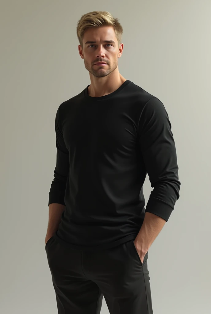 Man black shirt black pants hands in pockets blond brown eyes